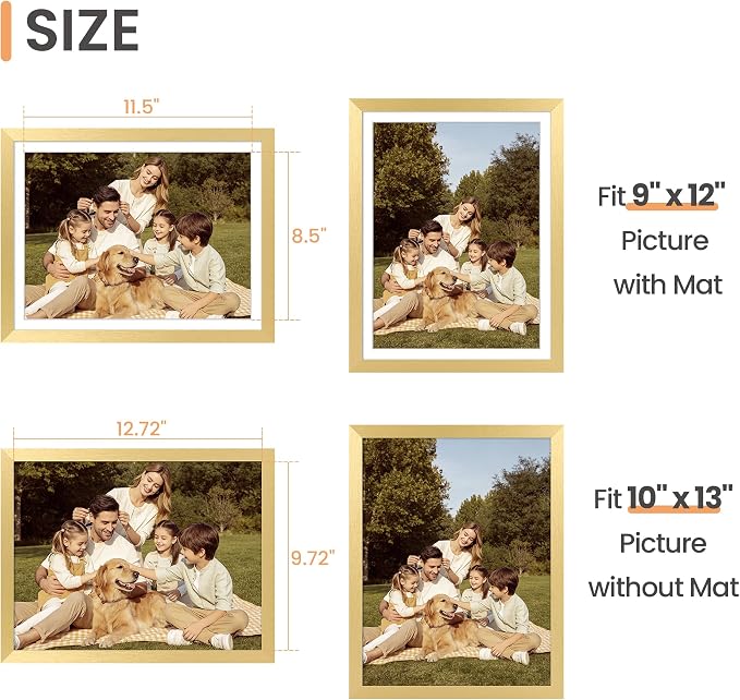 upsimples 10x13 Picture Frames, Display Pictures 9x12 with Mat or 10 x 13 Without, Wall Hanging Photo Frame, Gold, 1 Pack