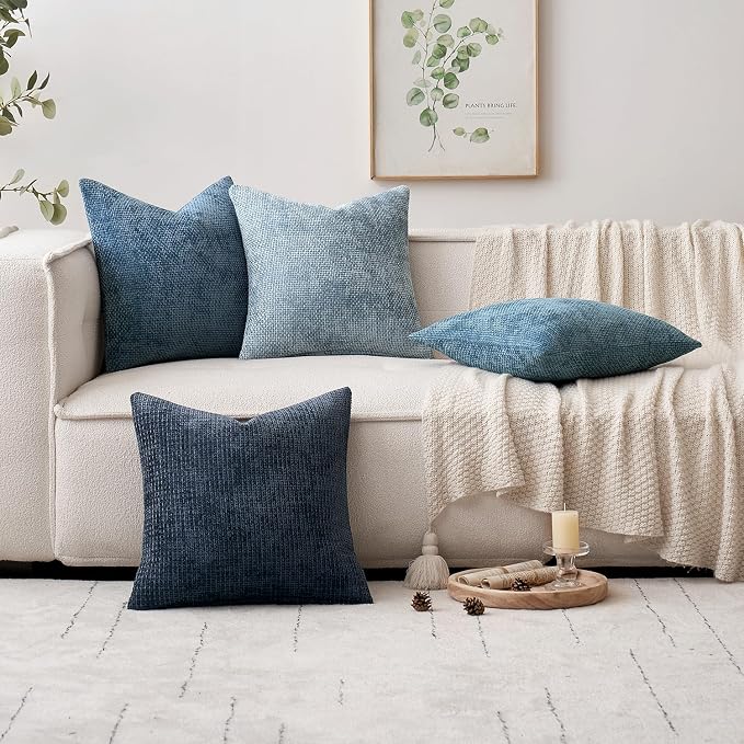 MIULEE Decorative Lumbar Throw Pillow Covers 12x20 Inch Coastal Blue 2 Pack | Modern Boho Accent, Soft Chenille Pillow Covers, Farmhouse Cushion Cases for Couch Bed Sofa Living Room Home Decor