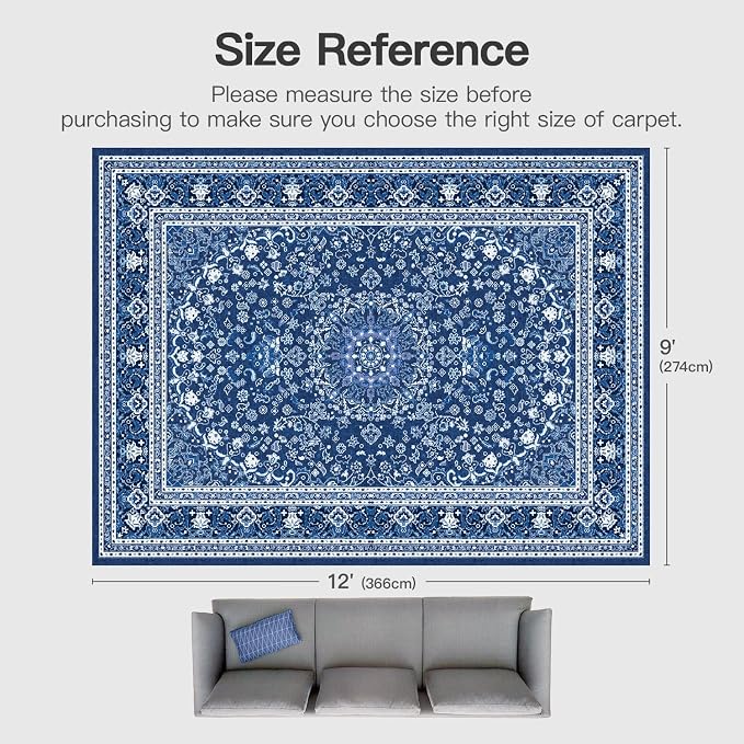 9x12 Area Rugs for Living Room, Washable Non-Slip Rug, Oriental Dark Blue | Area Rugs for Bedroom, Low Pile Large Carpets for Dining Room, Office, Indoor, Stain Resistant Vintage Oriental Print Rug