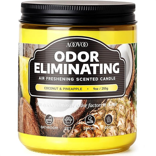 AOOVOO Coconut Pineapple Odor Eliminating Highly Fragranced Candle - Eliminates 95% of Pet, Smoke, Food, and Other Smells Quickly, Air Freshing Soy Candle, 9 oz Up to 50 Hours Burn time