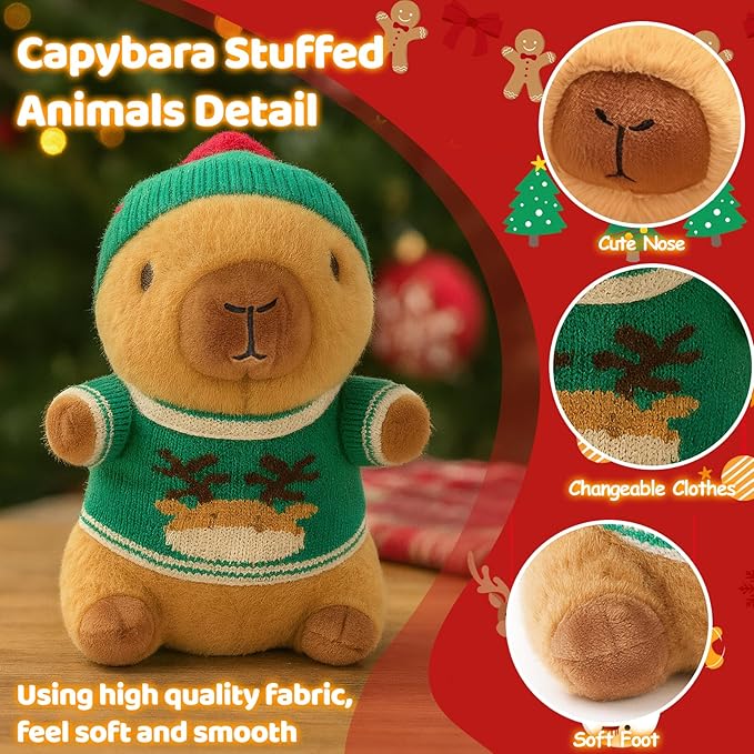 10.2" Red Capybara Plush Toy with 9 Clothes and Accessories Super Soft Capybara Stuffed Animal for Kids Girls Boys
