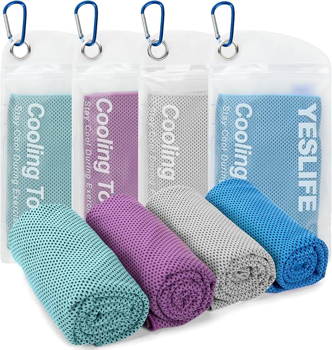 YESLIFE 4 Pack Cooling Towels (40"x12"), Gym Sweat Towels, Cooling Neck Wraps, Soft Breathable Microfiber Towels for Yoga, Running, Sport, Workout, Camping & More (Multicolor)