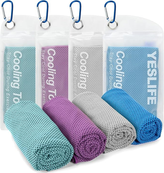 YESLIFE 4 Pack Cooling Towels (40"x12"), Gym Sweat Towels, Cooling Neck Wraps, Soft Breathable Microfiber Towels for Yoga, Running, Sport, Workout, Camping & More (Multicolor)