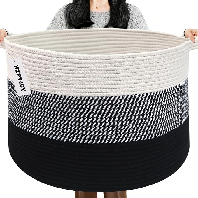 65L Large Blanket Basket,Woven Rope Laundry Basket-Mixed Black | Collapsible Nursery Storage Bin with Sturdy Handles, Organizes Clothes, Toys and Pillows for Living Room, Bedroom, Bathroom