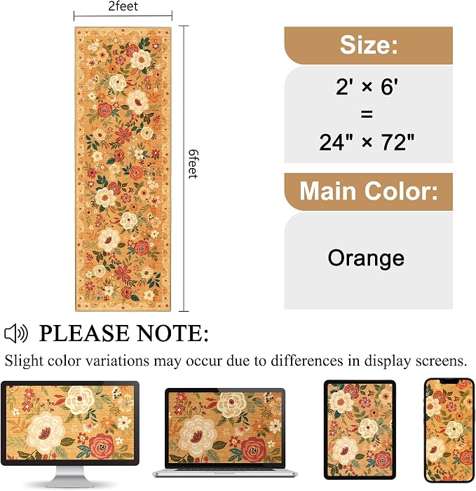 DUKINO 2x6 Runner Rug for Hallway, Washable Kitchen Rugs Non Slip, Orange | Low Pile, Soft, Floral Indoor Rug for Entryway, Bedroom, Laundry, Bathroom, Pet Friendly, Lightweight, Modern Home Decor