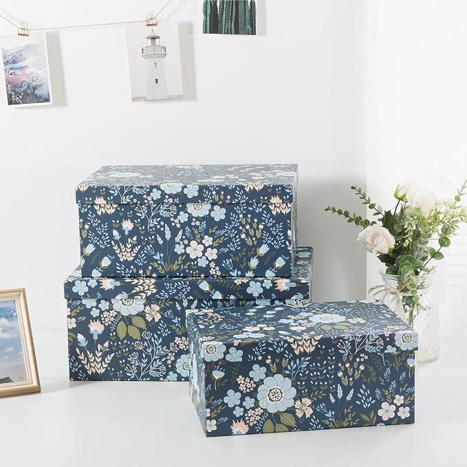 Soul & Lane - Nightfall Bloom Decorative Storage Boxes with Lids, Set of 3 | Large Nesting Cardboard Keepsake Boxes for Photos and Memories, Floral Photo Storage Containers for Home Decor