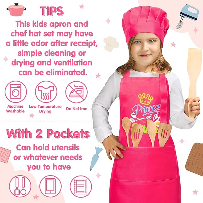 R HORSE 2 Pcs Kid Apron and Chef Hat Set, Rose Red Adjustable Children Kitchen Apron Role Play Chef Toy Cooking Baking Painting and Training Kits Kid Funny Cooking Gift New Year