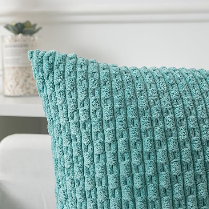 Kevin Textile Soft Corduroy 12"x24" Lumbar Pillow Cover 1 Pack, Aqua Green | Boho Stripe Plush Corduroy Decorative Oblong Cushion Cover Modern Farmhouse Home Decor for Sofa Couch Bed Chair