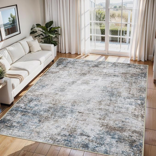 6x9 Area Rugs for Living Room Rug Washable: Abstract Rug for Dining Room Bedroom Carpet Non Slip 6 by 9 Indoor Modern Nursery Home Office White Brown Blue