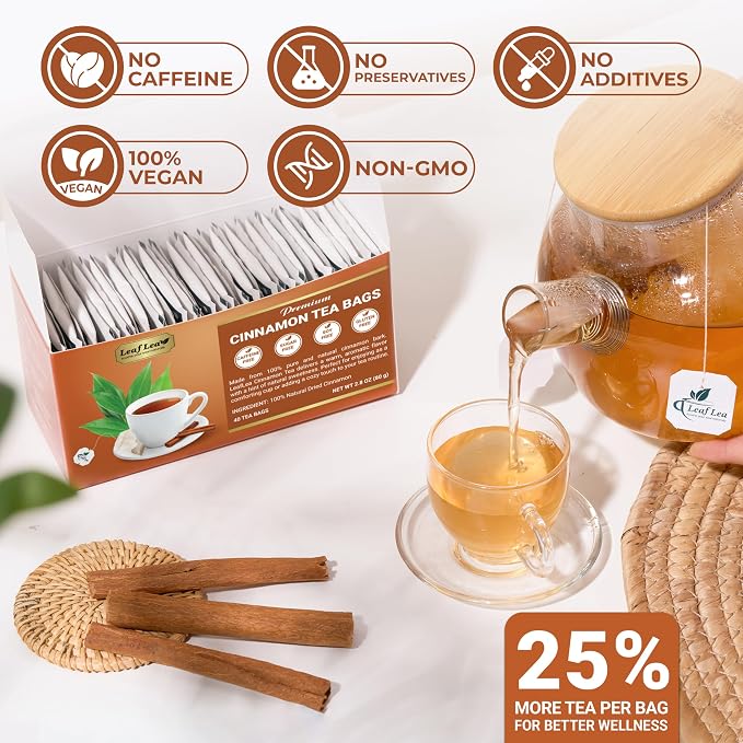 LeafLea Pure Cinnamon Tea Bags, Naturally Sweet, Caffeine-Free, 40 Count | Single-Ingredient Ground Cinnamon, No Added Sugar, Individually Foil-Wrapped For Fresh Aroma, Vegan, Non-GMO
