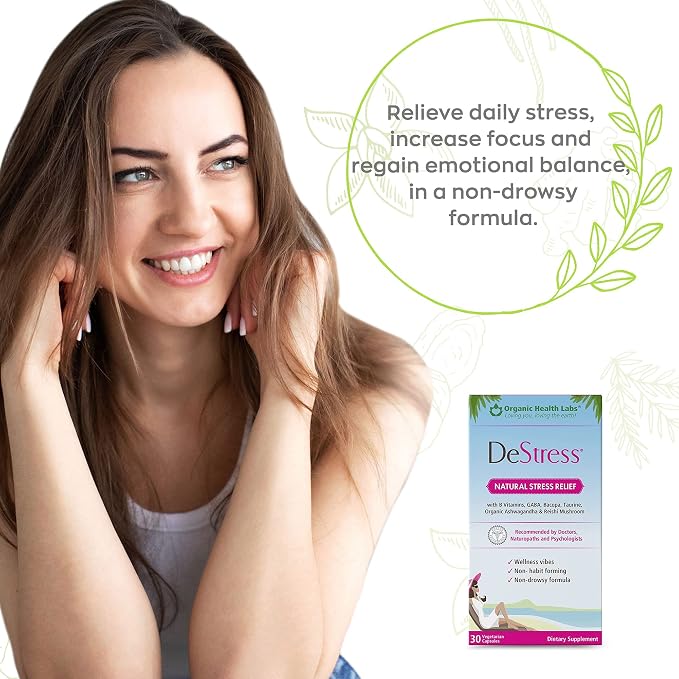 DeStress All-Natural: Veggie Capsules, with B Vitamins, Magnesium, Ashwagandha and L-Theanine Supplement, Anxiety Relief, 30 Veggie Capsules, Stress Relief Supplement Organic Health Labs