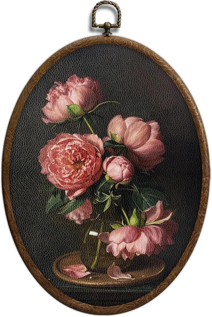 Moody Pink Peony Oval Wall Art, Vintage Dark Pink Peonies Oval Framed Wall Art, Waterproof Floral Cottage Core Home Decor for Western Farmhouse Bedroom Living Room, Home Retro Decor Products, 22