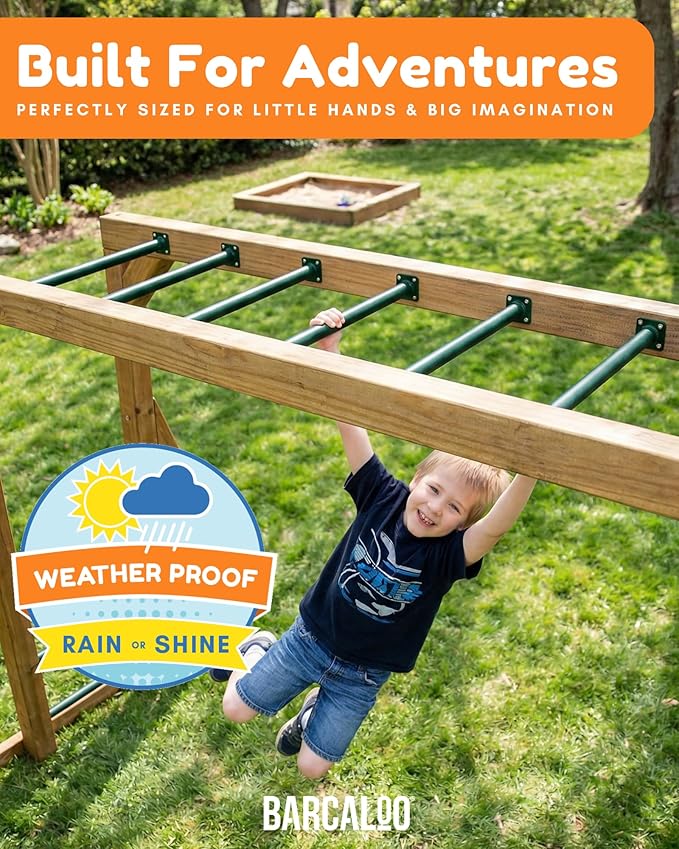 Barcaloo 22 Inch Monkey Bars for Backyard - Green Powder Coated Indoor Monkey Bar Kit for Kids - Set of 6 Outdoor Playground Accesories with Mounting Plates