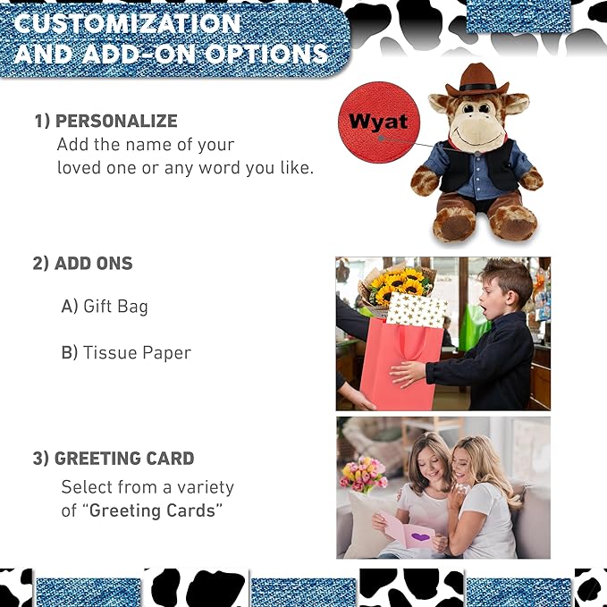 DolliBu Sitting Giraffe Stuffed Animal Cowboy Plush with Name Personalization - Western-Themed Giraffe Plush with Cute Cowboy Costume Denim Shirt Vest, Bandana, Leather Pants, and Hat - 9 Inches