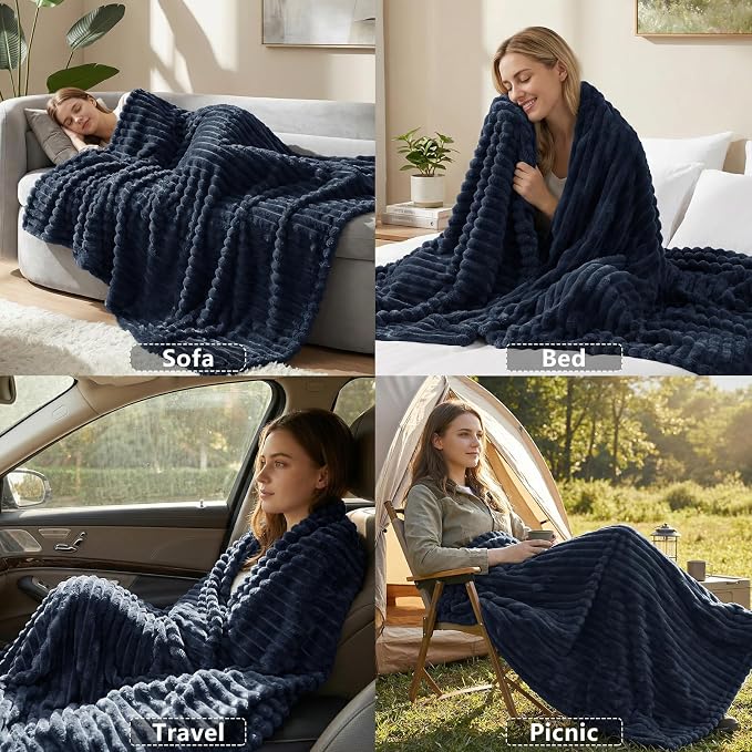 HIMEET Navy Blue Queen Blanket for Bed, 300GSM Ribbed Fleece, 90 x 90 in | Ultra Soft Flannel, All-Season Lightweight Warmth, Cozy Bed Coverage & Bedroom Decor, Gift for Men & Women, Machine Washable