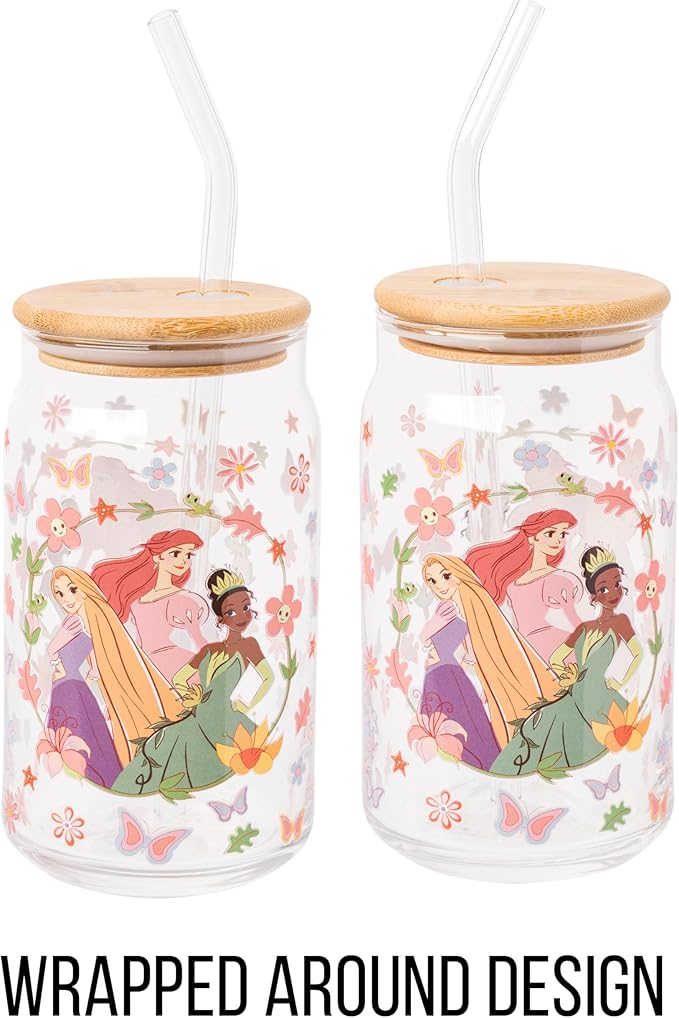 Silver Buffalo Disney Princesses Featuring Rapunzel Tangled, Ariel Little Mermaid, Tiana Princess and the Frog Spring Floral Glass Jar Tumbler with Bamboo Lid and Glass Straw, 16 Ounces