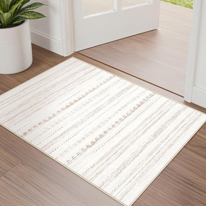 Nakagishi Boho 2x3 Washable Area Rug Non Slip Carpet for Entryway Beige | Pet & Kid Friendly, Machine Washable, Low Pile Carpet for Kitchen Hallway Daily Home Decor,Farmhouse Neutral Moroccan
