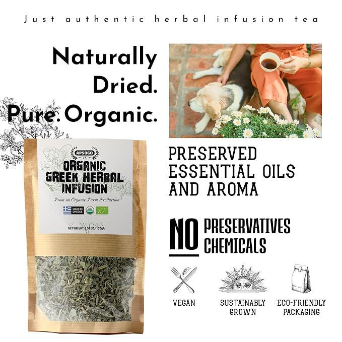 APSOGO Organic Herbal Tea Loose Leaf - Greek Mountain Tea Blend with Sage, Lemon Balm & Dittany - Caffeine Free Herbal Tea - Loose Leaf Herbal Tea from Greece - 3.52oz
