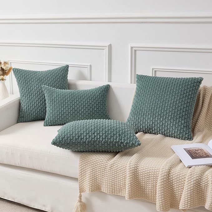 Kevin Textile Soft Corduroy 14"x24" Lumbar Pillow Cover 1 Pack, Teal Green | Boho Stripe Plush Corduroy Decorative Oblong Cushion Cover Modern Farmhouse Home Decor for Sofa Couch Bed Chair