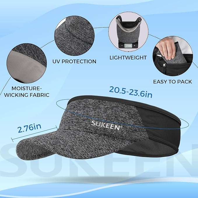 Sukeen Lightweight Sports Sun Visor Hat for Men Women | Packable, breathable, quick-dry, UPF50+ cooling visor hat, stretch fit, for running, tennis, golf, pickleball, softball