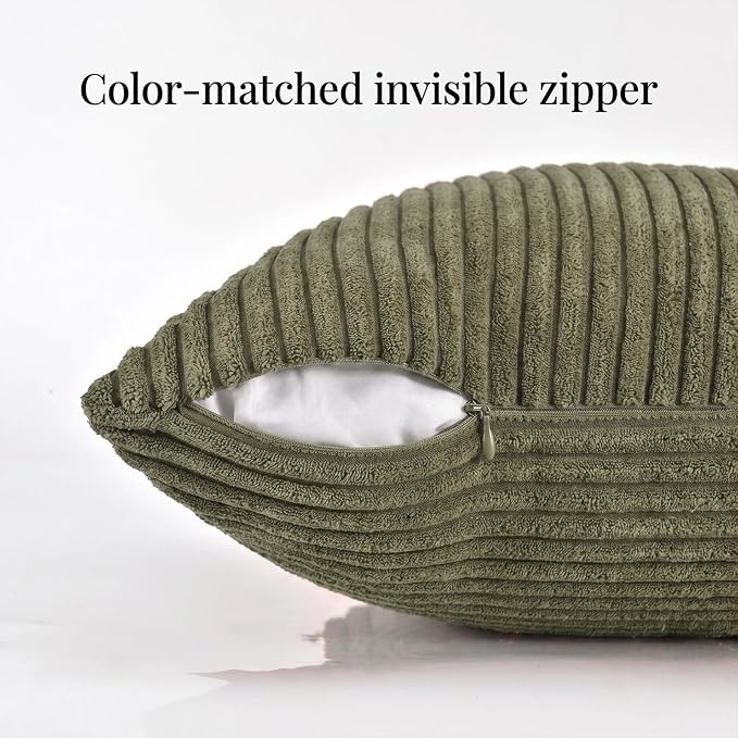 Fancy Homi 2 Packs Olive Green Lumbar Decorative Throw Pillow Covers 12x20 Inch for Living Room Couch Bed, Farmhouse Boho Home Decor, Soft Striped Corduroy Rectangle Accent Cushion Case 30x50 cm