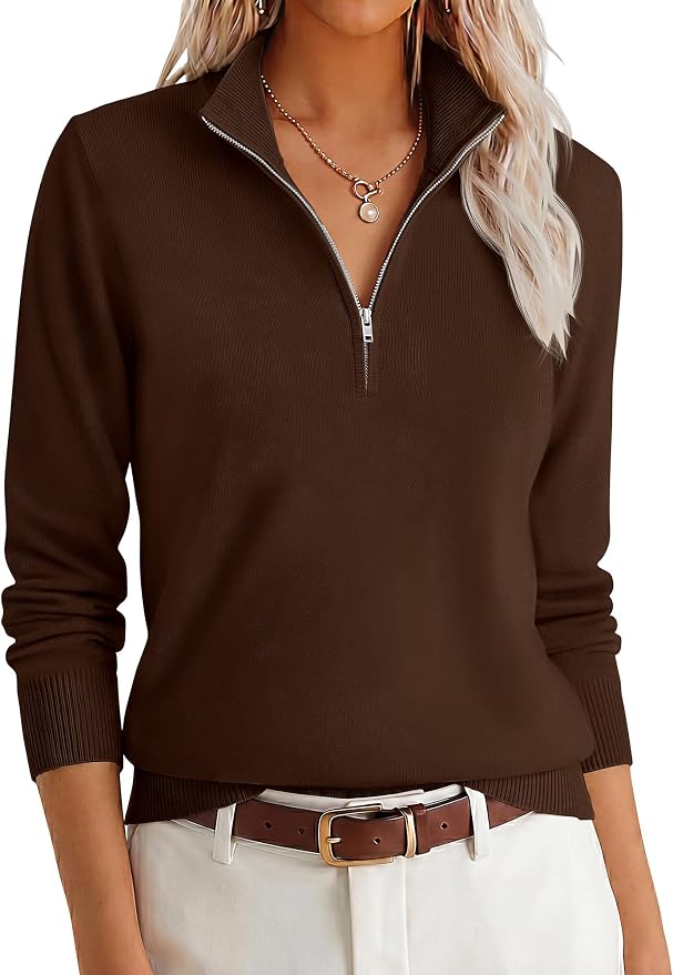 ANRABESS Women Quarter Zip Long Sleeve Fall Pullover Sweater | Soft Knit Fabric Medium Stretch, Business Casual Work Office, Travel Vacation, 2026 Trendy Fashion, Winter Cozy Outfits