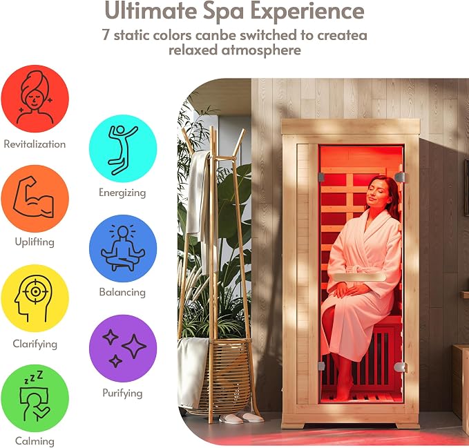 ENSTVER Infrared Wood Sauna 5.4Ft 1 Person, Luxury Full Spectrum Far Infrared Sauna Features Low EMF 1240w 7-Light Dynamic & Music Speakers, Canadian Hemlock Dry Indoor Saunas for Home & Gym