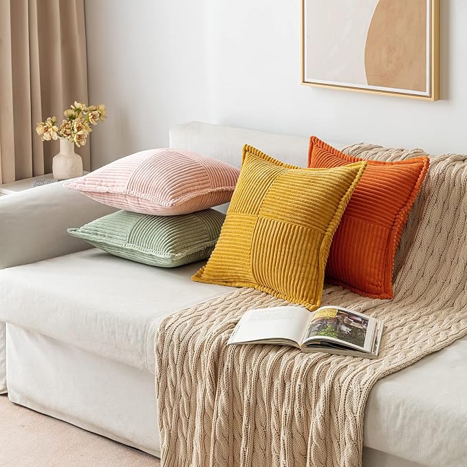 MIULEE Decorative Throw Pillow Covers for Couch 20x20 Inch Mustard Yellow | Boho Broadside Striped Patchwork Pillow Covers, Soft Corduroy Cushion Cases, For Sofa Bed Livingroom Home Decor