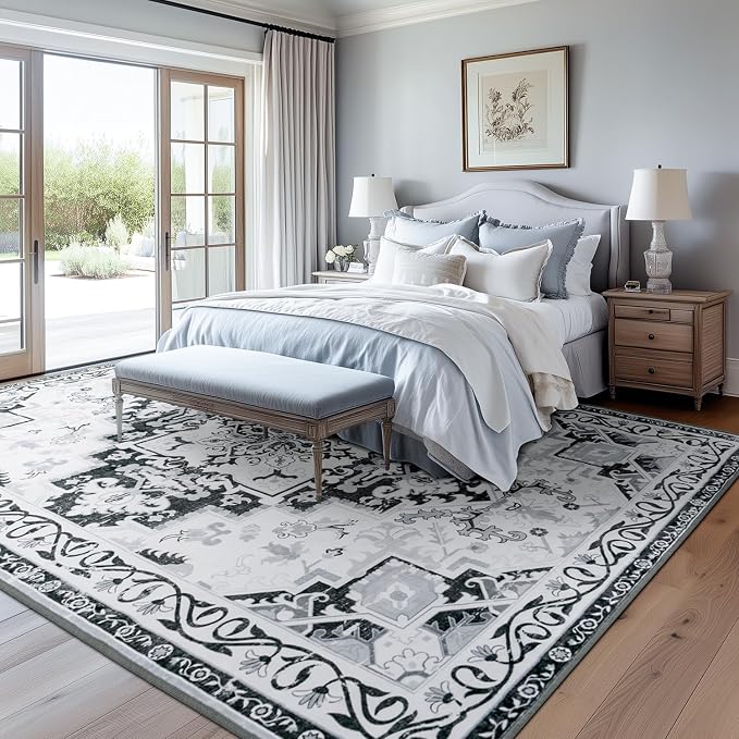 Rugflix 6x9 Area Rugs for Living Room, Washable Light Grey Large Rug | Machine Washable; Stain-Resistant; Low Pile; Non-Slip; Boho Vintage Printed; Carpet for Bedroom Dining Office Nursery Home