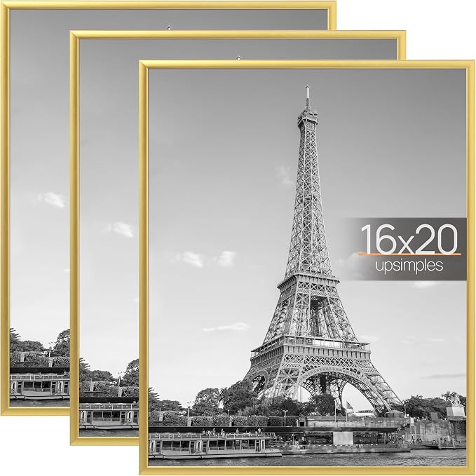 upsimples 16x20 Poster Frame, Easy Slide-In Assembly, Gold, 3 Pack | Gallery Wall 16 x 20 Picture Frames Set for Family, Wedding, Christmas, Easy to Change Photos