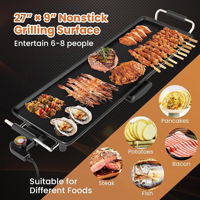 COSTWAY 27” Electric Griddle, Extra Large Teppanyaki Grill with Adjustable Temperature, Nonstick Surface, Insulated Handles & Drip Tray, Indoor Outdoor Tabletop BBQ Grill for Party, Camping & RV (27”)