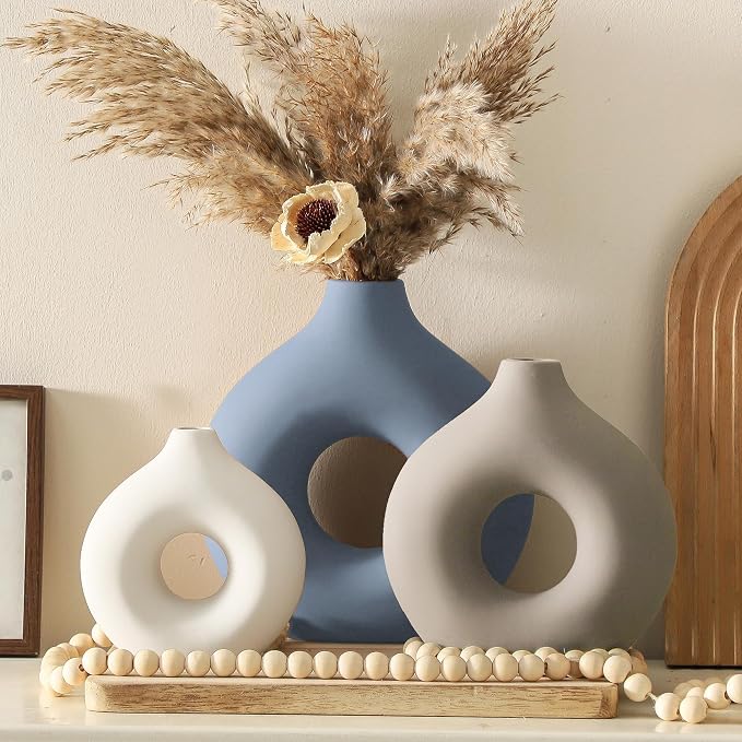 Vanselia Ceramic Vase Home Table Decor - Flower Vases Set of 3 Small Living Room Centerpiece Decorations for Shelf Bedroom Office Kitchen Dining Desk Modern Aesthetic Farmhouse Decorative (Blue)