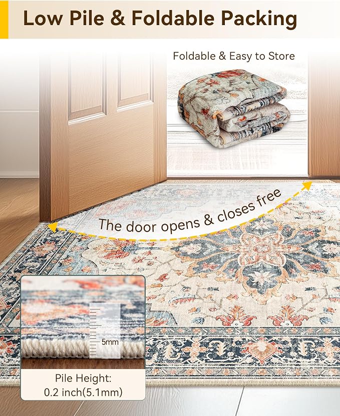 RELEANY Area Rugs Runner 3'x6' Washable Non-Slip, Floral Vintage Distress Medallion Carpet for Kitchen Hallway Bedroom Beside Laundry Room Bathroom, Beige Navy Blue Orange Colorful
