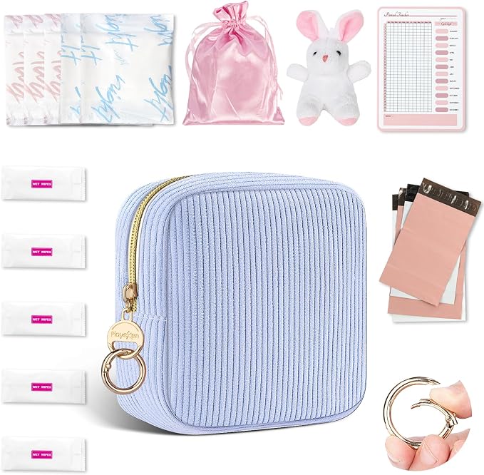 First Period Kit for Girls, Corduroy Cute Sanitary Napkin Storage Bag, Menstrual Pad Bag Tampon Holder for Purse, First Period Gifts (Blue)