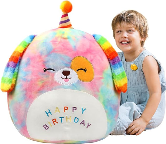 Easfan 20" Jumbo Rainbow Birthday Dog Giant Plush Pillow Soft Puppy Plush Toy Cute Dog Stuffed Animal Birthday Gifts for Kids Toddlers