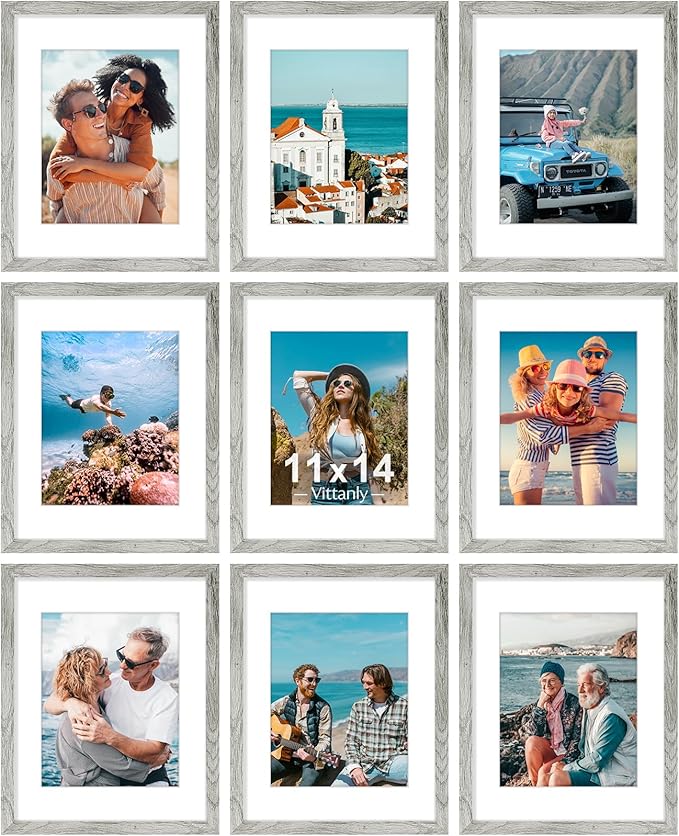Vittanly 11x14 Picture Frames Set of 9 for Wall Mounting, Grey | Display Pictures 8x10 with Mat or 11x14 without Mat, Engineered Wood with Shatter Resistant Plexiglass, Gallery Photo Frames