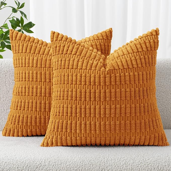 MIULEE Fall Decorative Throw Pillow Covers 20x20 Burnt Orange Pack of 2 | Soft Corduroy Boho Striped Pillow Covers Modern Farmhouse Autumn Home Decor For Sofa Living Room Couch Bed