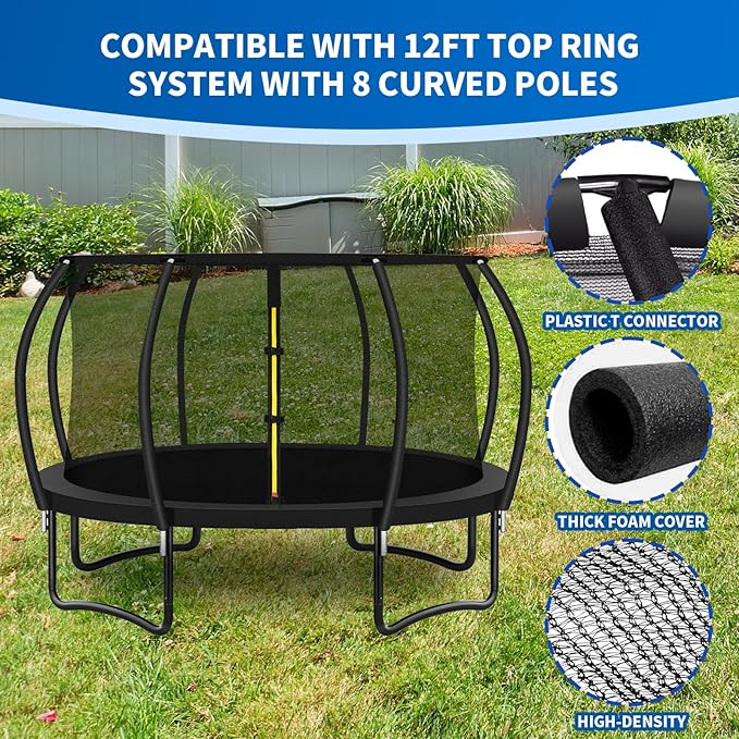 12Ft 8 Pcs Trampoline Curved Poles Replacement with Enclosure Net, Trampoline Curved Pole, Plastic T Connector, Fiberglass Rods, Mounting Hardware, Foam Covers