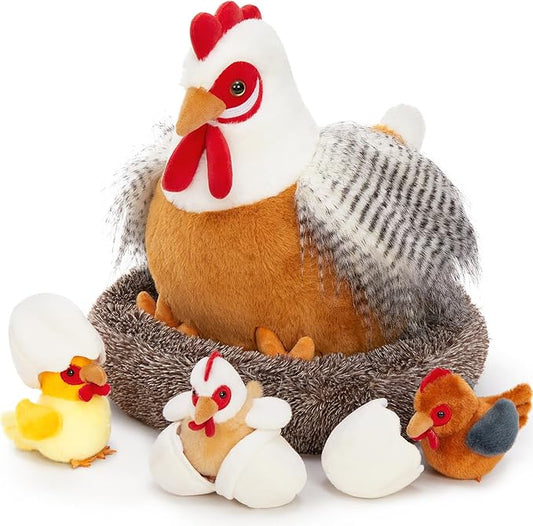 MaoGoLan 8Pcs Chicken Stuffed Animals, Stuffed Laying Hen Chicken Plush Toys with 3 Babies Chickens and 3 Eggs,1 Nest House Plush Set, Cute and Soft Farm Stuffed Animals Gift for Kids,Girls,Boys,White