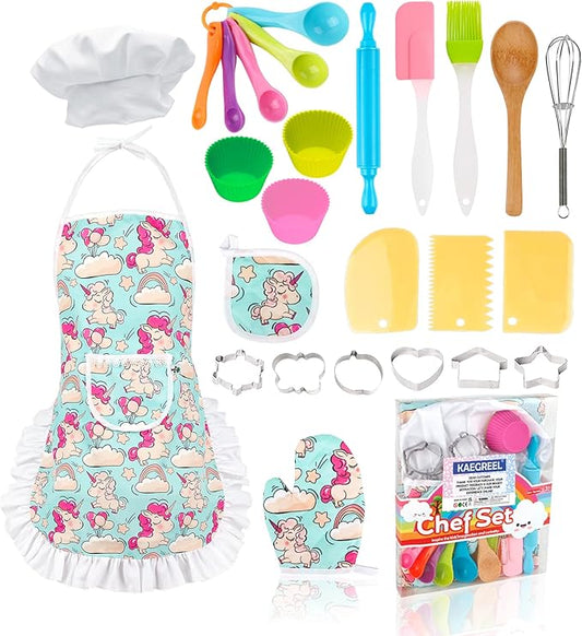 KAEGREEL Kids Baking Chef Set with Unicorn Apron and Mitt, 26pcs Kitchen Toys Kid Cooking Set with Chef Hat Spoons Whisk, Chef Supplies Role Play Gifts for Girls Boys Aged 3 4 5 6 7 8 Years Old