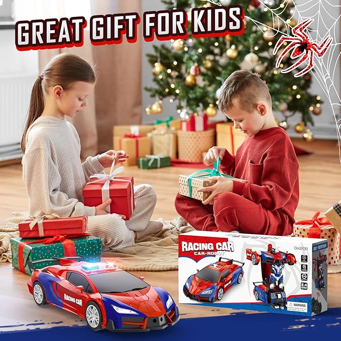 Remote Control Car for Boys 8-12 4-7, 2.4GHz RC Car 1:18 Scale, One-Button Transforming Toy with 360° Spins, LED Lights