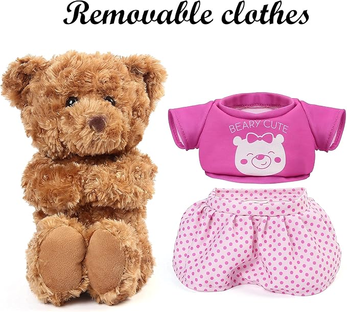 LotFancy Teddy Bear Stuffed Animal, with Removable Clothes, 10 inch Cute Baby Girl Bear Plush, with T-Shirt and Dress, Baby Shower Decoration, Easter Gift Plushies