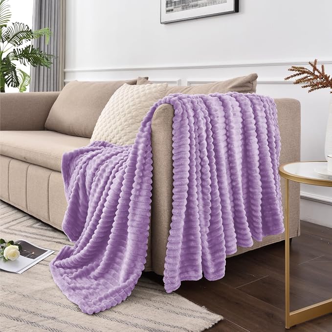 BEDELITE 3D Ribbed Lavender Fleece Throw Blanket for Couch, 50x60 Inch | Soft Warm Decorative Fluffy Blanket, Cozy Plush Lightweight Fuzzy Throw Blanket for Bed Sofa Home Room Decor, Gift for Women