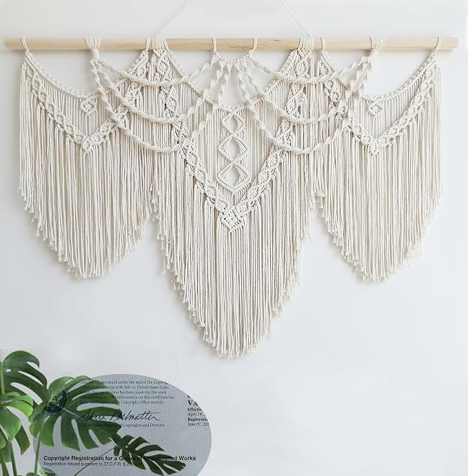 Achart Macrame Wall Hanging Large- Boho Wall Decor- large wall art- Wall Decor Living Room- Macrame Tapestry Boho Decor for Bedroom (Beige-Fringe)