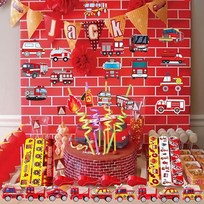 Fire Truck Party Favors Set - 110 Pcs with Firefighter Stickers, Slap Bracelets, Drinking Straws & More for Firefighter Themed Birthday Party