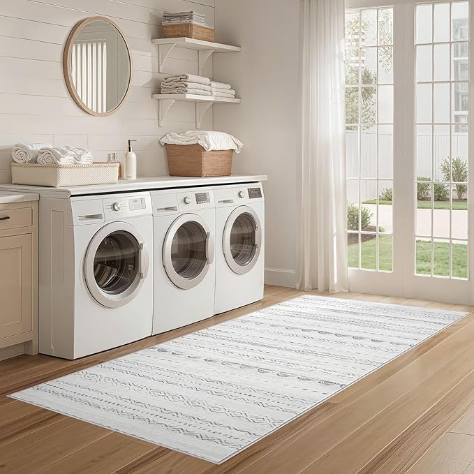 Nakagishi Boho 2x6 Runner Rug Machine Washable Rugs Non Slip Gray | Soft Underfoot, Stain Resistant, Carpet for Bedroom/Kitchen/Entryway/Hallway, Bathroom Pet & Kid Friendly Moroccan Farmhouse