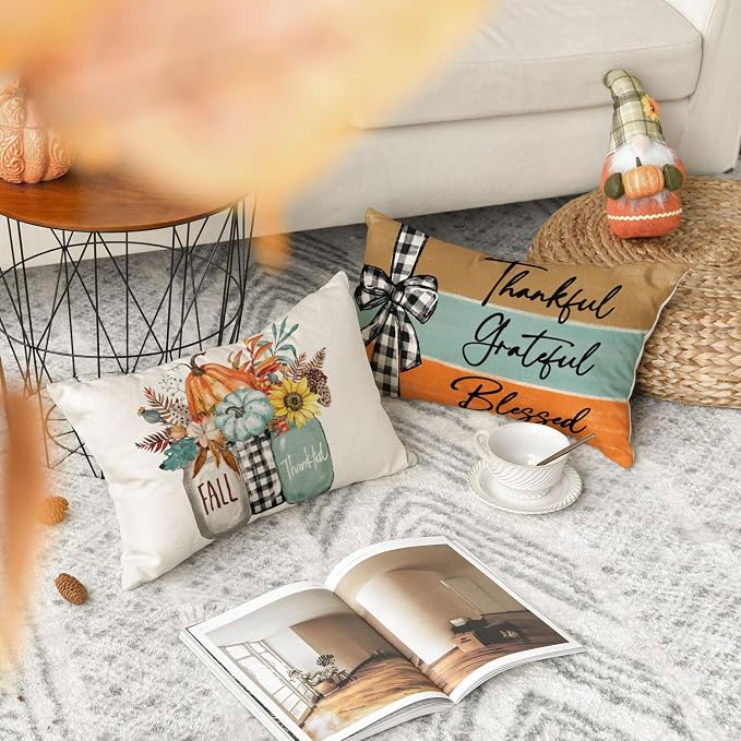AVOIN colorlife Fall Pumpkin Home Sweet Home Throw Pillow Covers, 12 x 20 Inch Autumn Thankful Grateful Blessed Harvest Floral Decorations for Sofa Couch Set of 4, Blue