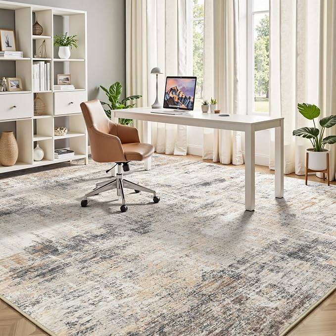 5x7 Area Rug for Living Room, Abstract Washable Non-Slip Carpet, Gold | Soft Neutral Rug for Bedroom, Dining Room, Home Office Nursery Indoor, Stain Resistant, Low Pile, Foldable Modern Rug