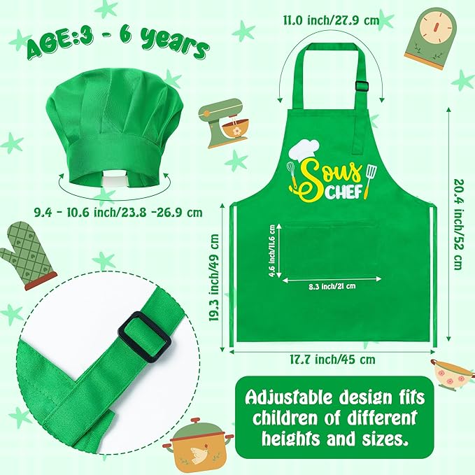 Kid Apron and Chef Hat Set - R HORSE 2Pcs Adjustable Children Green Kitchen Apron, Dress up Role Play Chef Toy Cooking Baking Painting and Training Kits Kid Funny Cooking Gift Birthday Gift for Kids