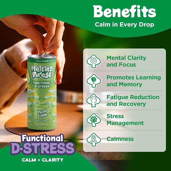 Melting Forest Functional Mushroom D-Stress - Adaptogen Drink with L-Theanine, Reishi, Lion's Mane & Magnesium - Relaxation Drinks for Stress Relief - Zero Sugar, 5 Calories - Yuzu Lime (12-Pack)